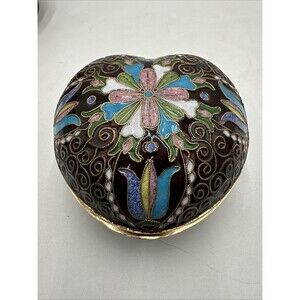 Vintage Enamel Cloisonne Heart Shaped Trinket Box Flowers 5”